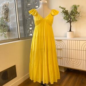 OC Oleg Cassini NWOT Swiss Dot Cotton Flutter Sleeve Tiered Maxi Dress Yellow, S